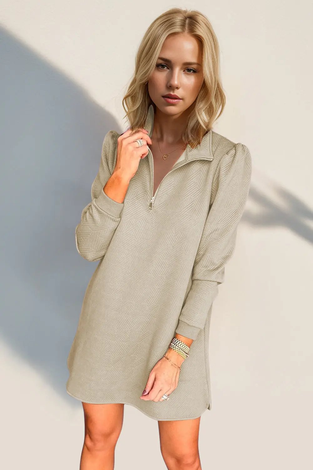 Double Take Textured Quarter Zip Long Sleeve Dress - Love Salve